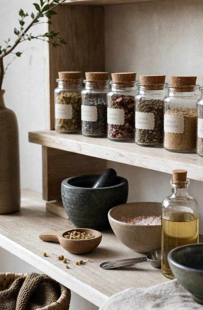 beginner home apothecary shelf with labeled jars dried herbs funnel strainer salts and small bottles