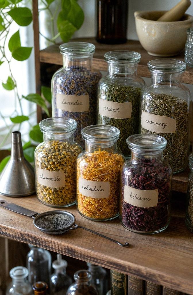 close up of labeled herb jars lavender mint rosemary chamomile calendula and hibiscus on a small home apothecary shelf