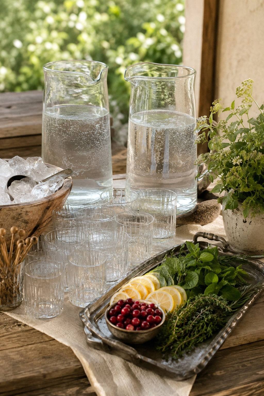 self serve mocktail bar with two pitcher bases sparkling water citrus herbs ice cups and simple labels