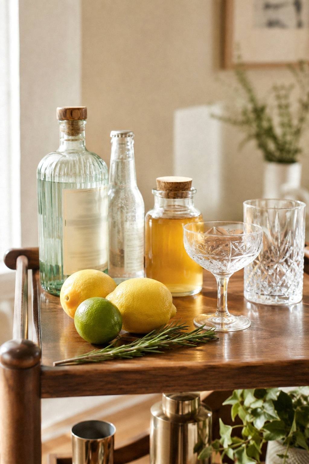 A three bottle home bar setup with a gin bottle, tonic bottle, and jar of homemade rosemary syrup beside fresh lemons and limes on a wooden bar cart