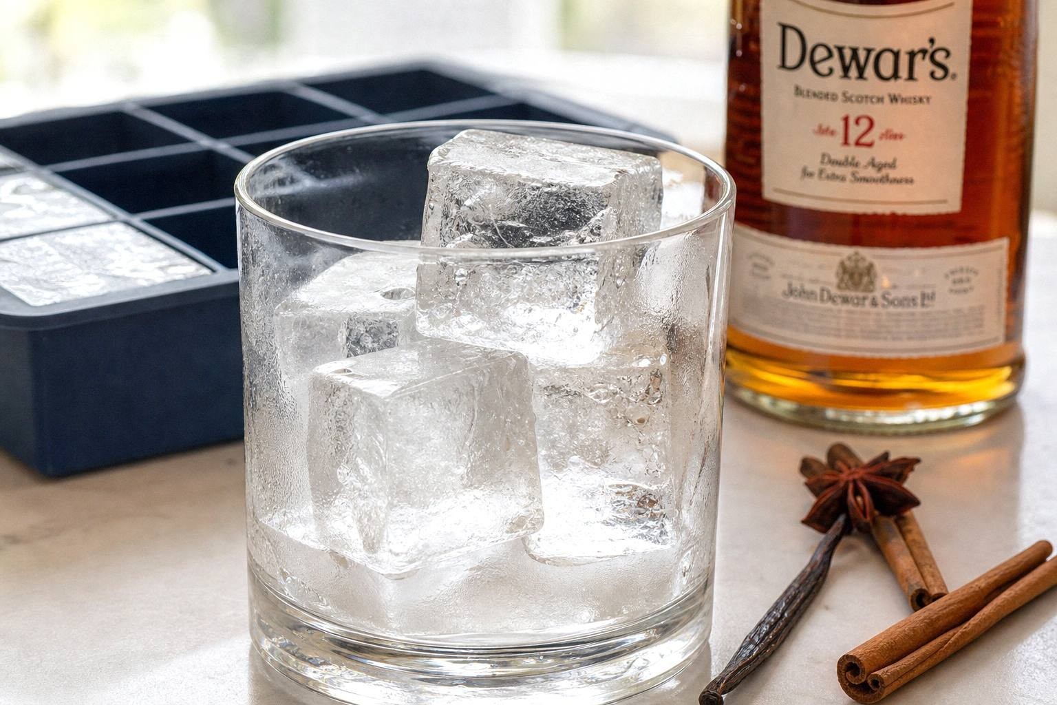 A silicone tray of large two inch ice cubes on a small kitchen counter beside a short glass holding one clear cube