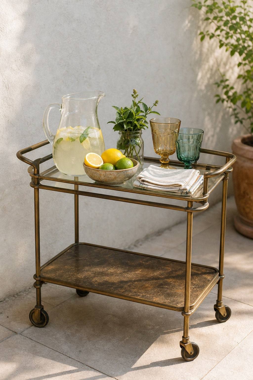 thrifted vintage bar cart with pitcher citrus herbs napkins vintage glasses and small tray on a patio