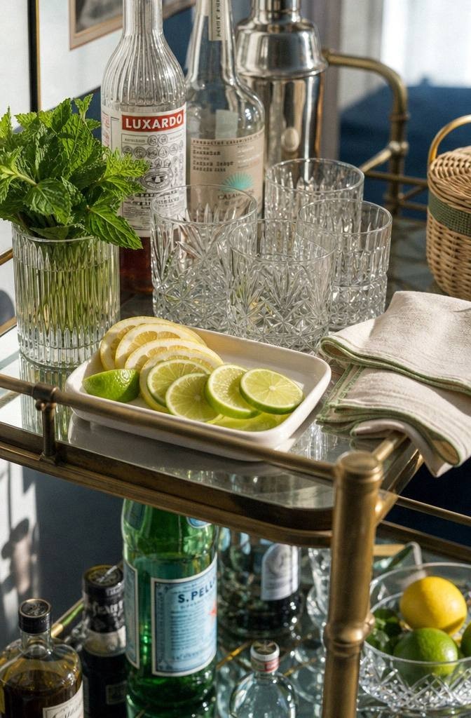 close up of thrifted bar cart details vintage glasses citrus herbs small bowls linen napkins and pitcher