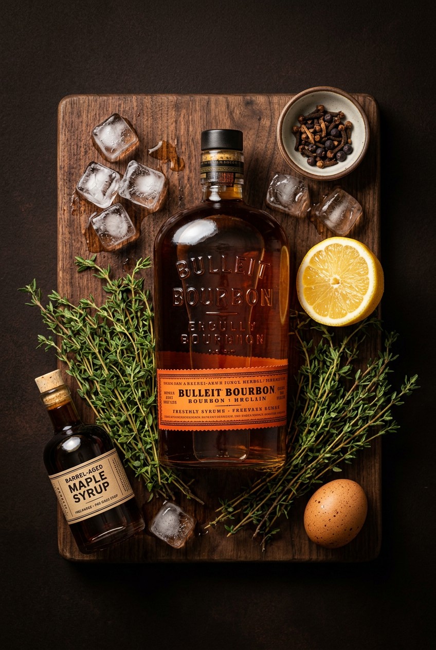 Fresh thyme sprigs and bourbon bottle on rustic wooden table with maple syrup and lemon for fall cocktail recipe