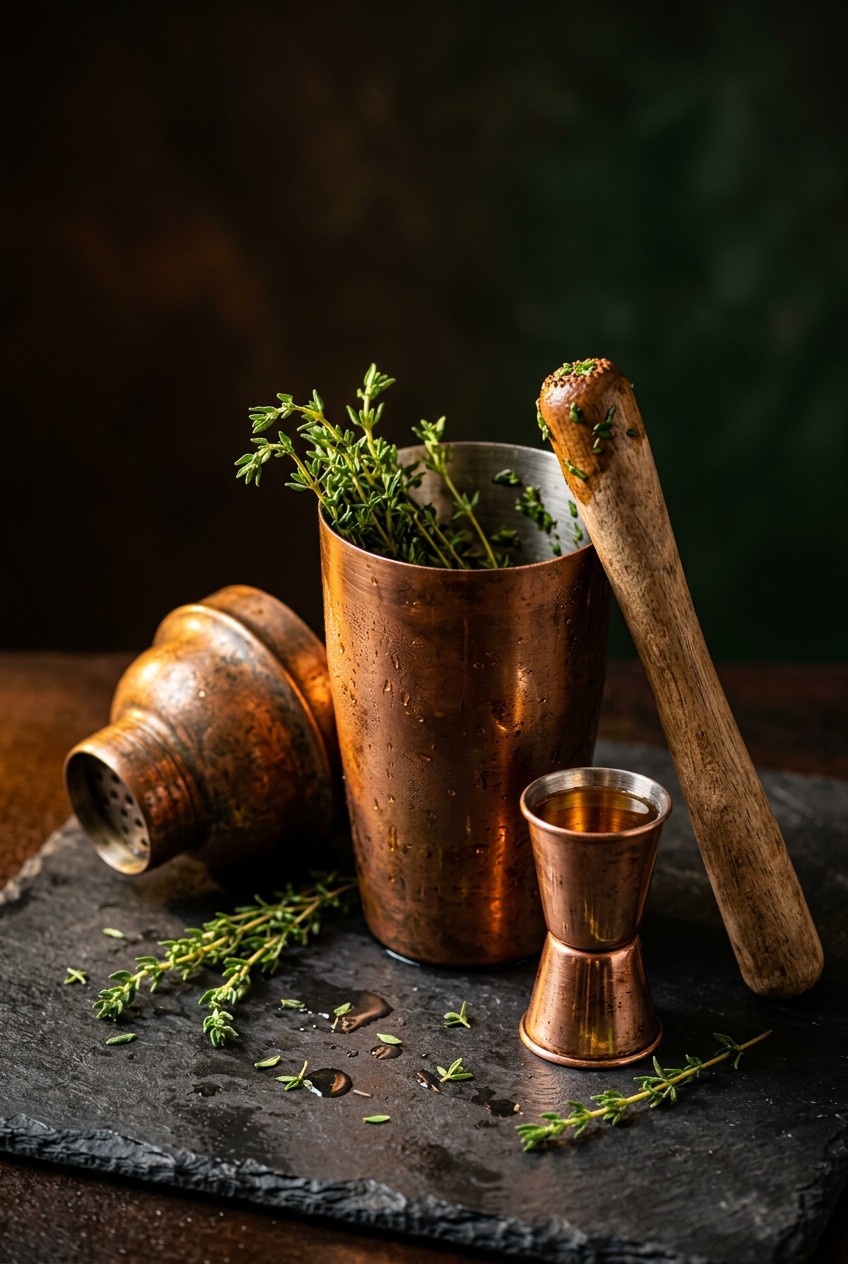 Muddling fresh thyme sprigs with maple syrup in cocktail shaker for bourbon sour recipe