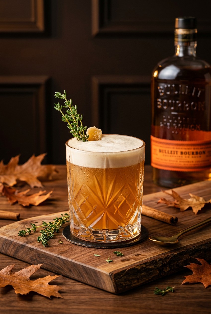 Finished thyme bourbon sour cocktail with maple syrup in rocks glass garnished with fresh thyme sprig on autumn table