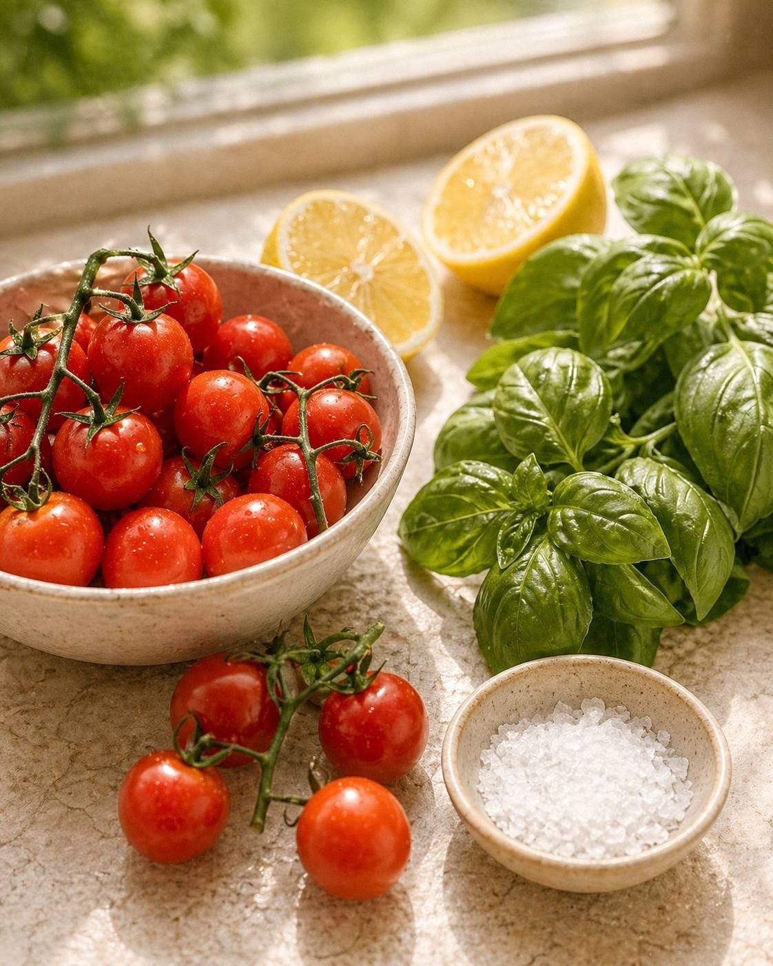 Ripe cherry tomatoes with fresh basil for a tomato basil spritz on a bright counter