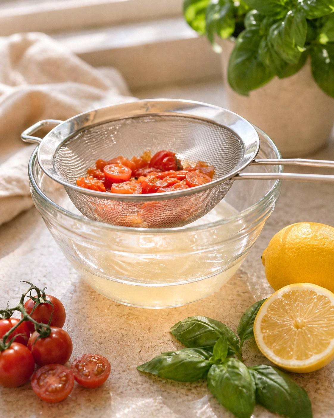 Clear tomato water for a basil spritz being strained through a fine mesh sieve