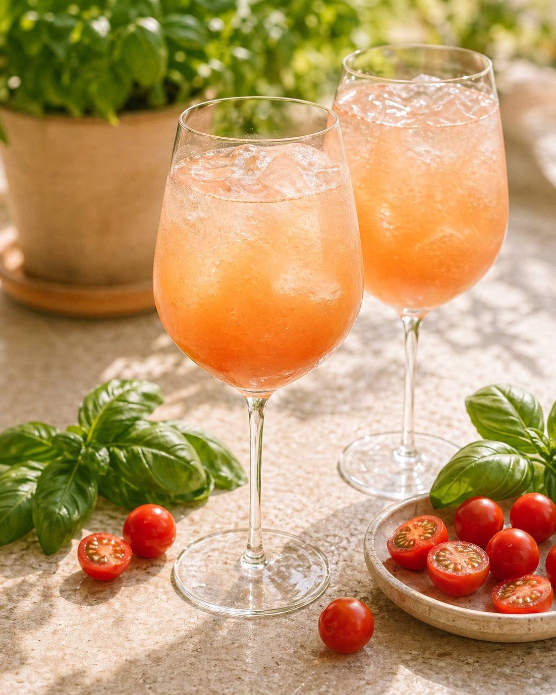 Two tomato basil spritz drinks over ice with basil and cherry tomatoes beside the glasses