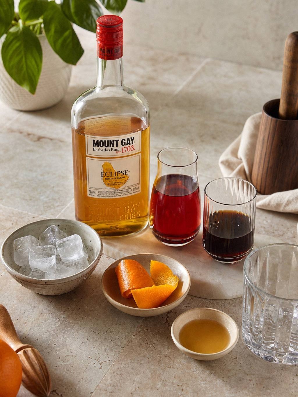Measured ingredients for coconut rum negroni including rum, Campari, sweet vermouth, and orange peel