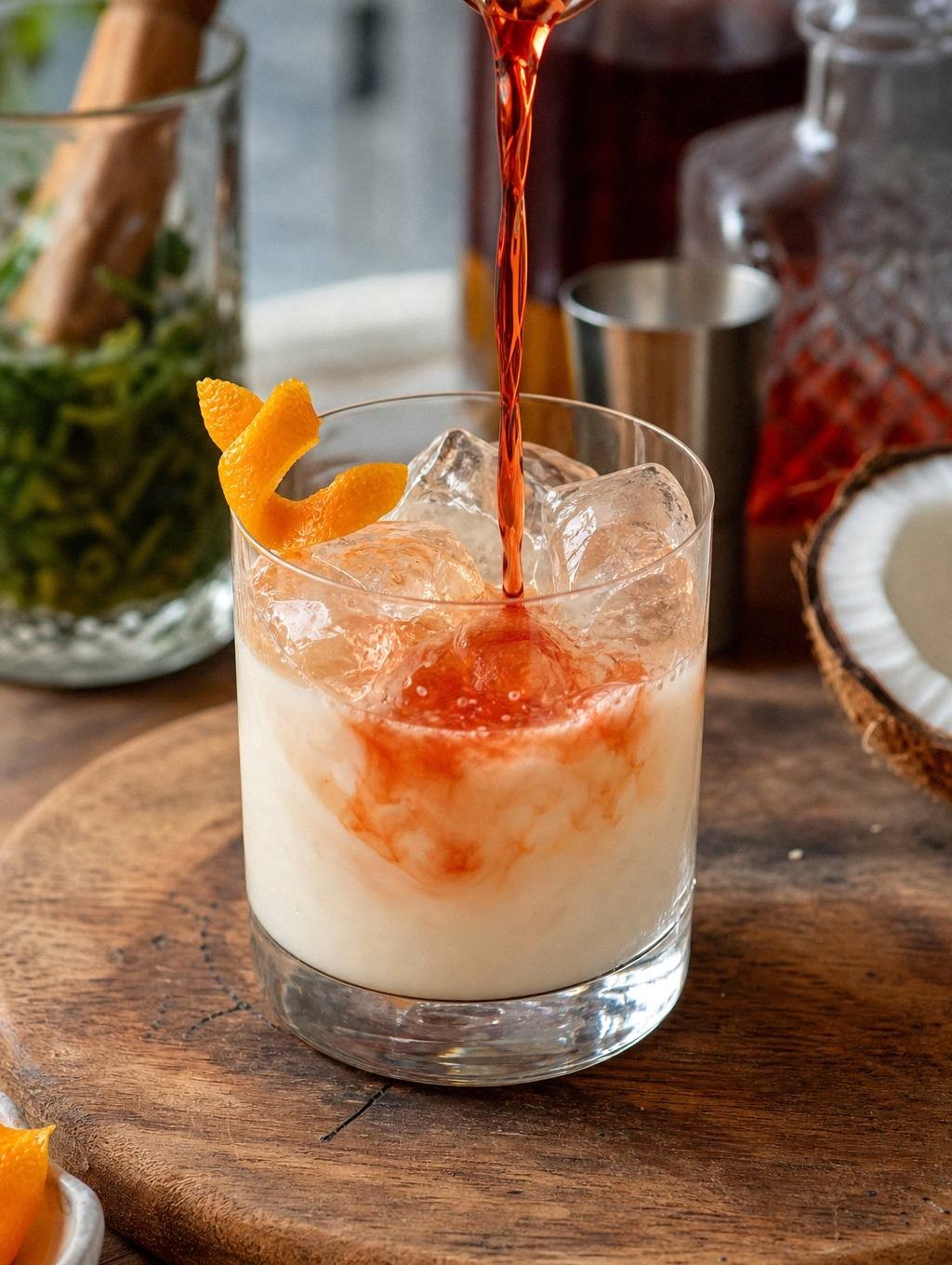 Pouring and stirring coconut rum negroni in rocks glass with bar spoon