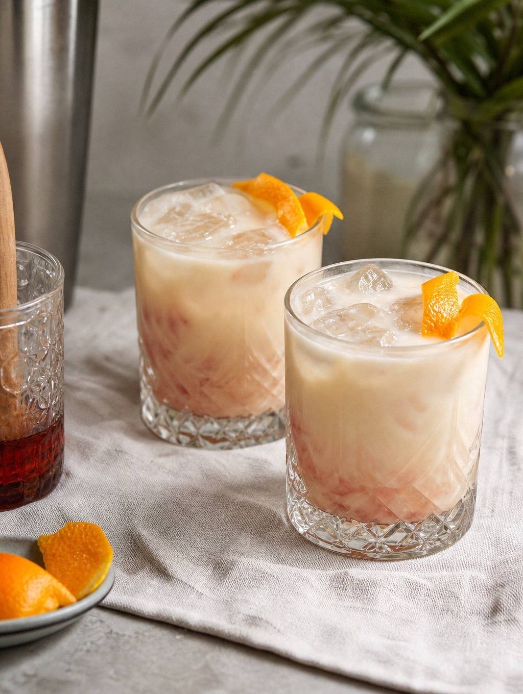 Two coconut rum negronis in rocks glasses with orange peel garnish on serving table