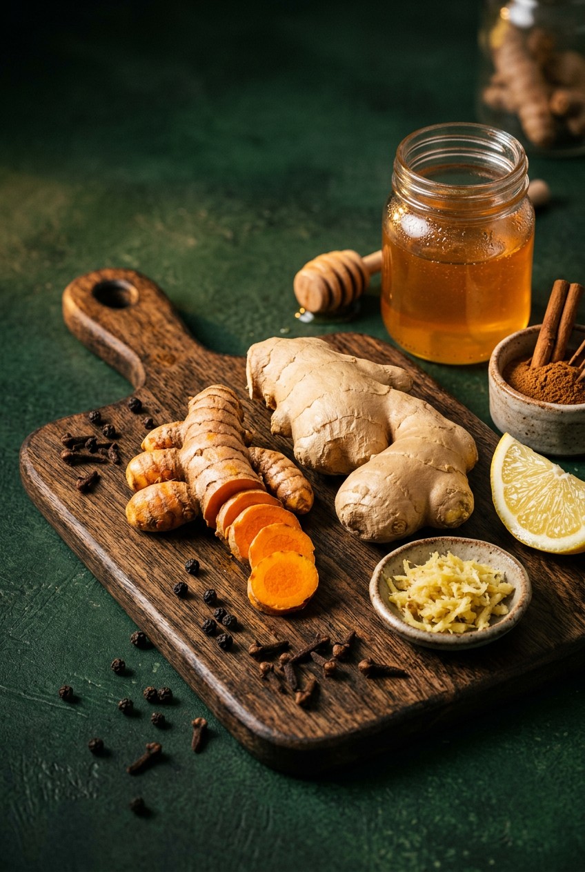 Fresh turmeric root and ginger root on wooden cutting board with whole black peppercorns and honey jar for anti-inflammatory turmeric drink recipe