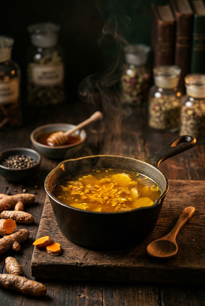 Simmering golden turmeric and ginger tonic in glass saucepan showing rich amber color of anti-inflammatory wellness drink