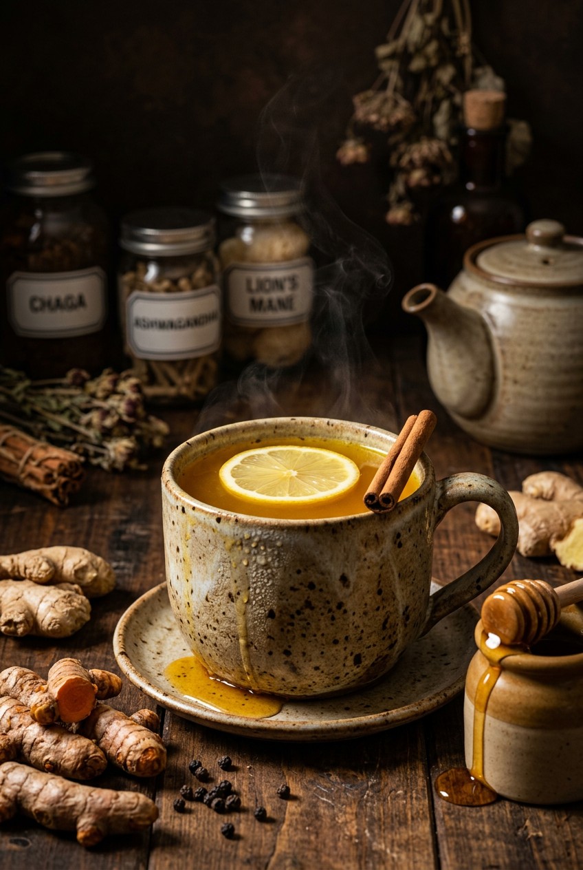 Golden turmeric anti-inflammatory tonic in clear glass mug with lemon slice and cinnamon stick garnish on rustic wooden table
