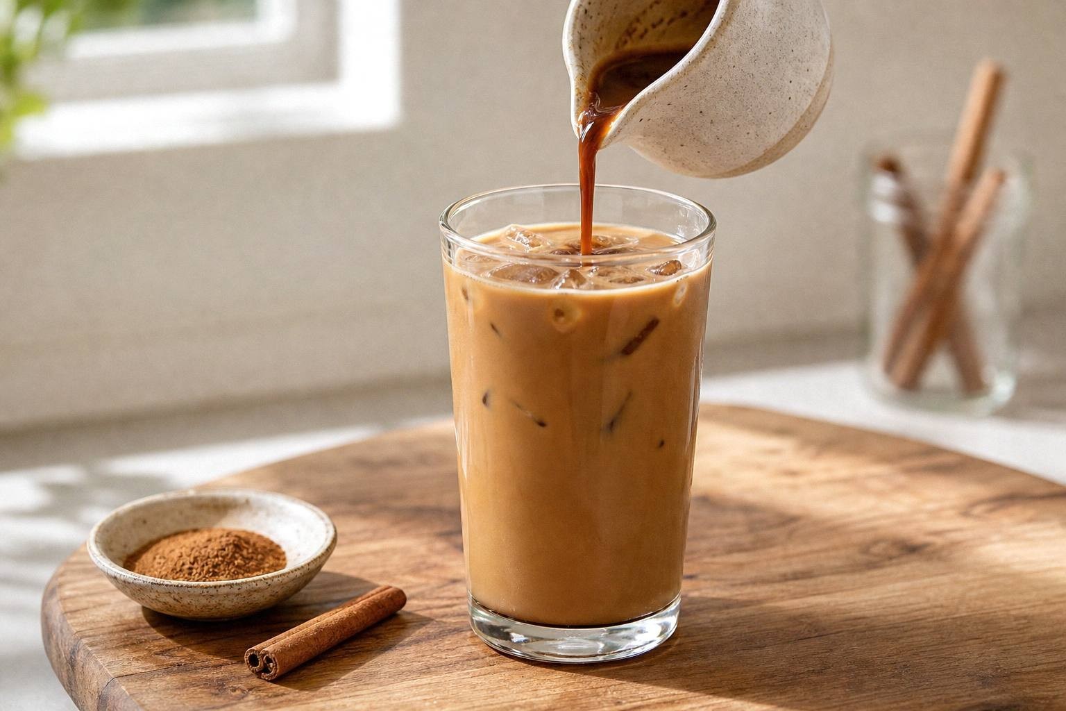 Espresso poured from a ceramic pitcher into a glass of milk and ice