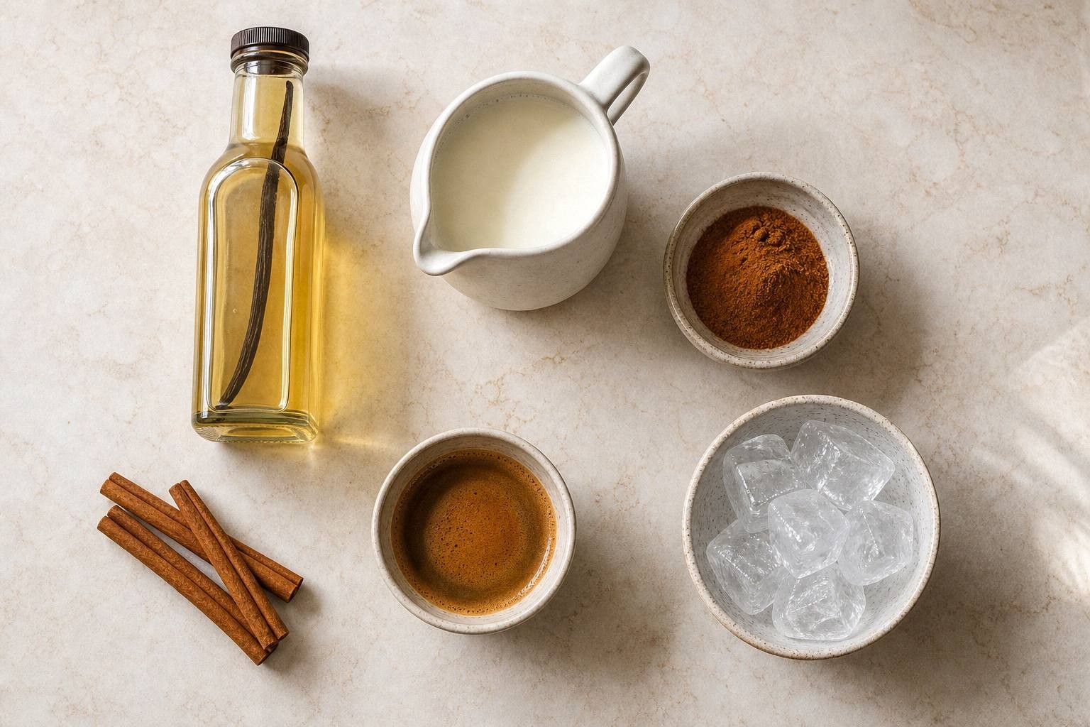 Vanilla syrup, milk, ground cinnamon, espresso and ice laid out on a stone counter