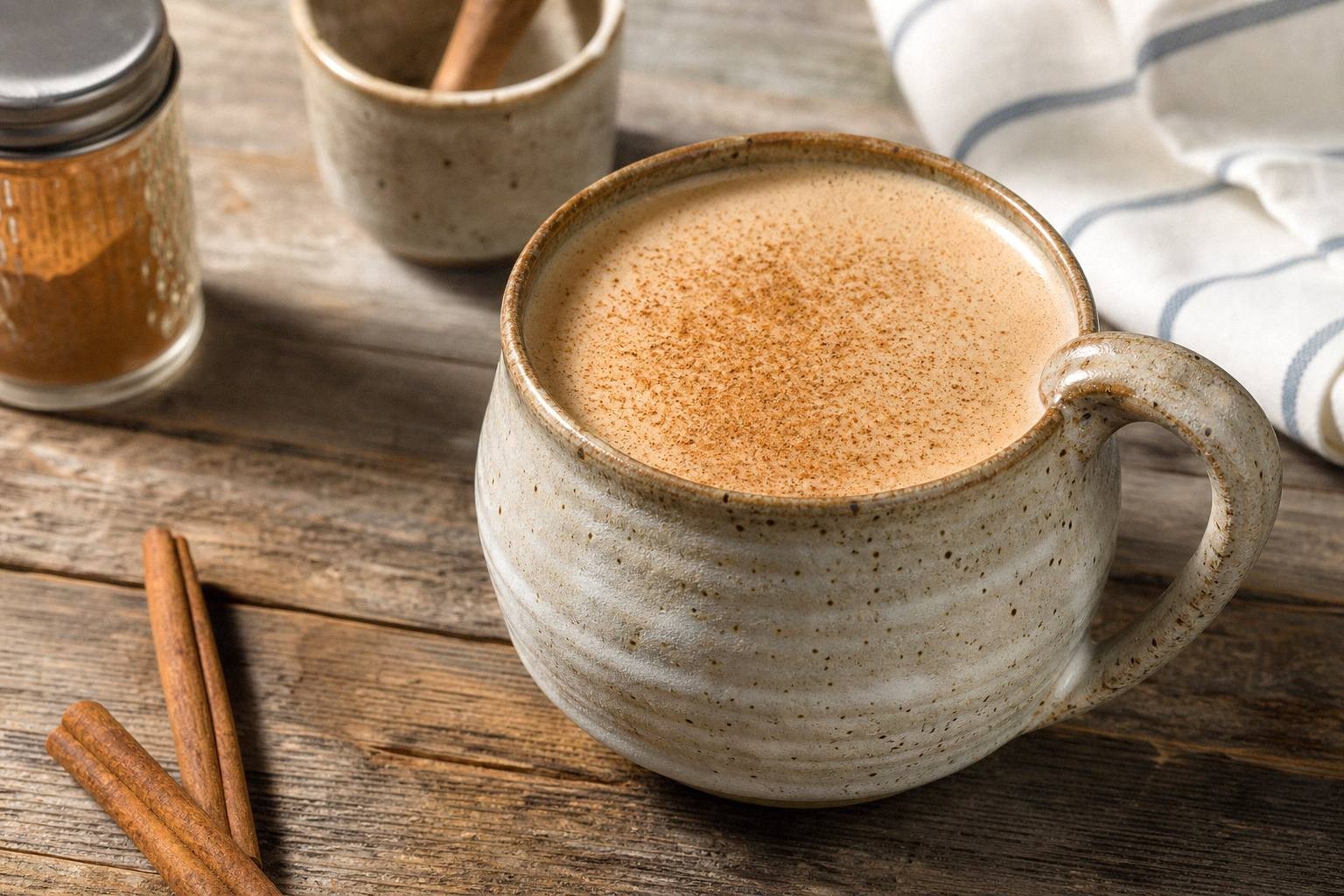 Hot vanilla cinnamon latte in a handcrafted ceramic mug with cinnamon sticks on the table