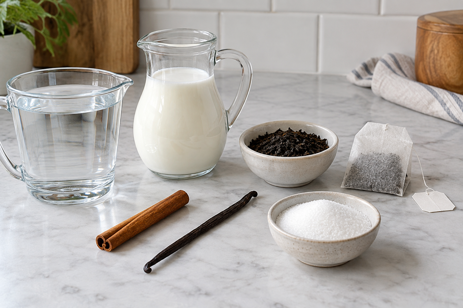 Water, milk, black tea, cinnamon, vanilla and sweetener before brewing milk tea
