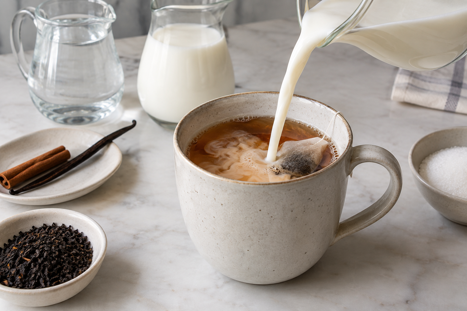 Warm milk being poured into brewed vanilla cinnamon black tea
