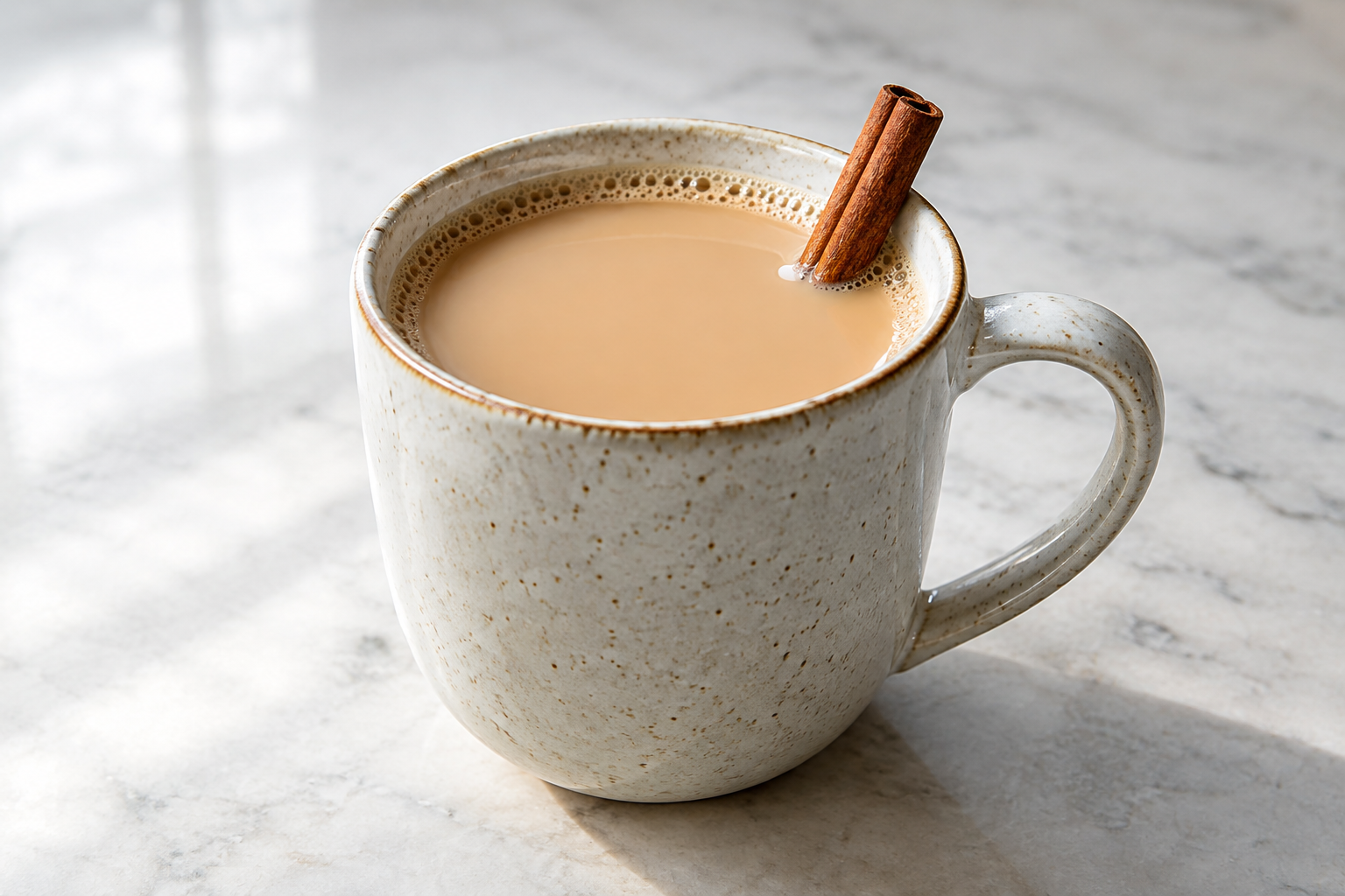 Vanilla cinnamon milk tea in a ceramic mug with a cinnamon stick