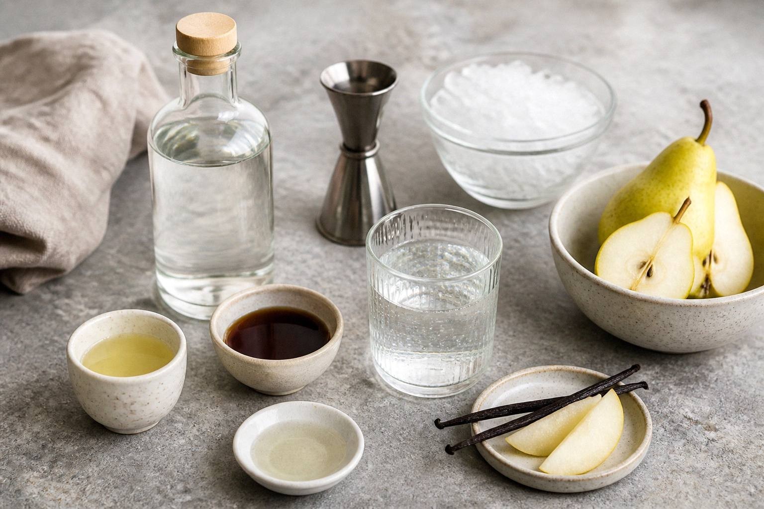 Measured ingredients for vanilla pear gin fizz including gin, vanilla pear syrup, soda water, and crushed ice