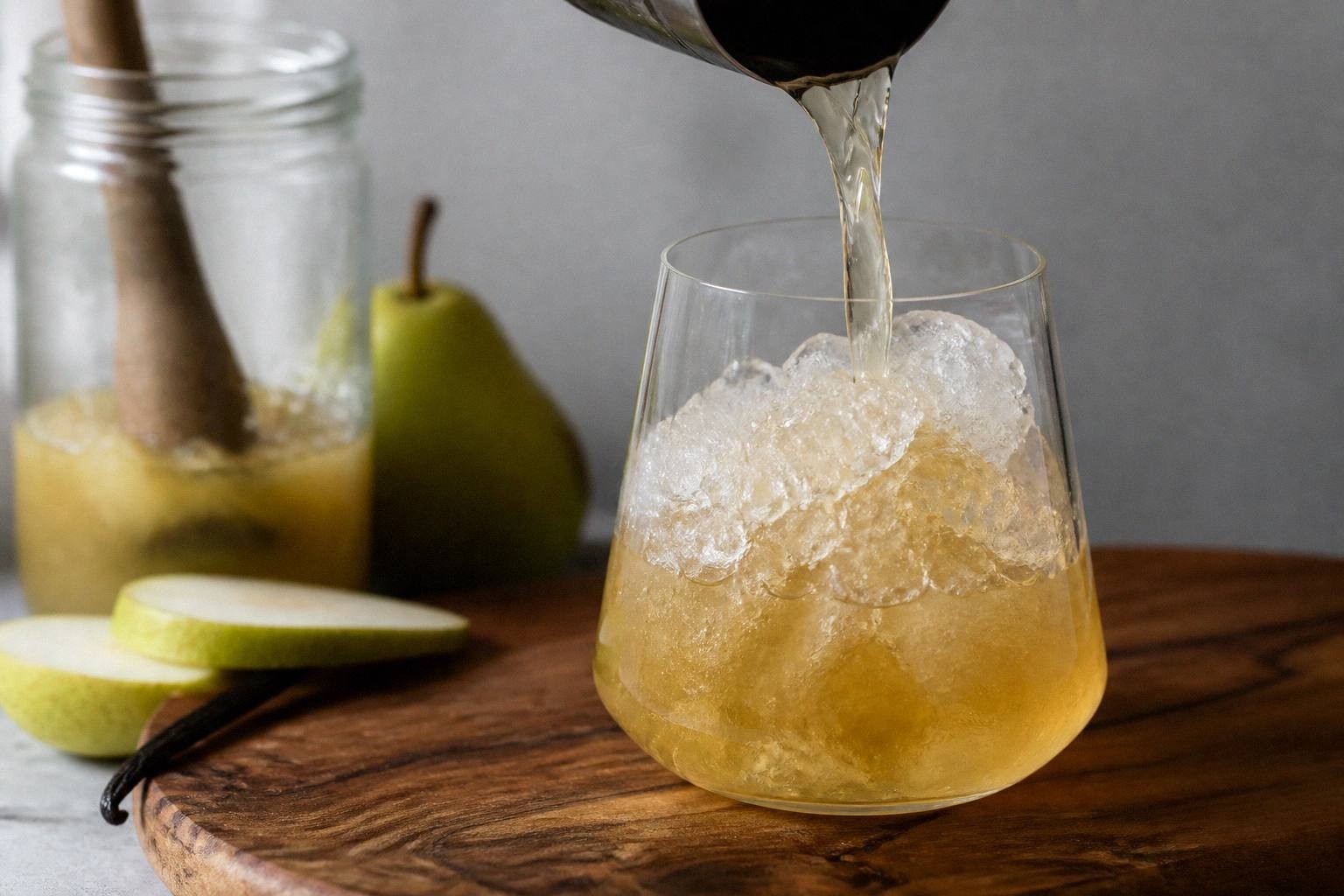 Vanilla pear gin fizz being built in a glass, soda water pouring into amber liquid with crushed ice