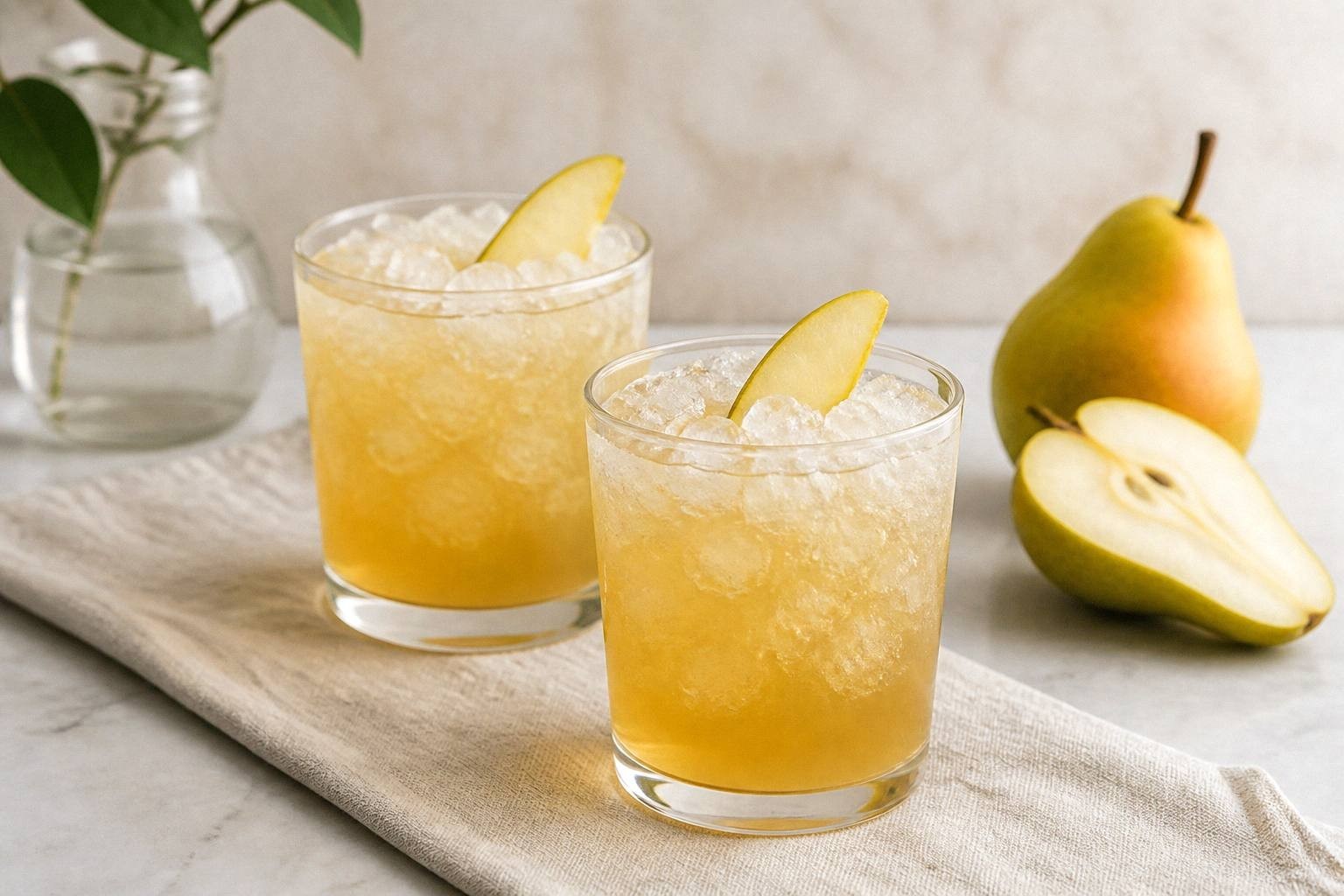 Two vanilla pear gin fizz cocktails in glasses with crushed ice, styled on a table setting