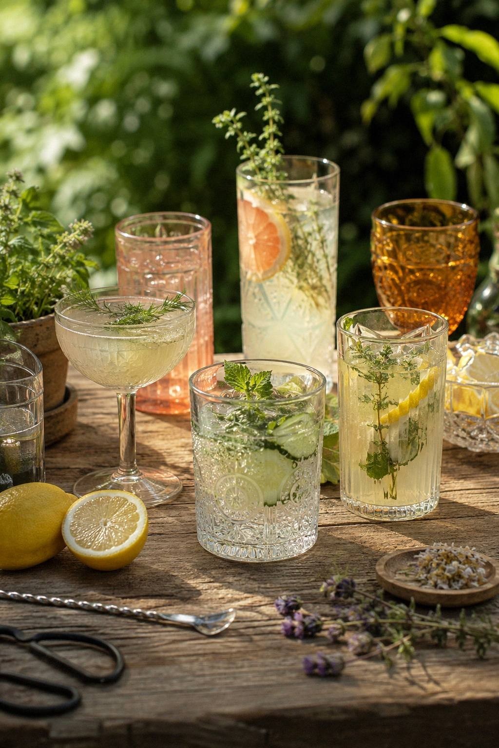 vintage mocktail glasses with coupes pressed glass tumblers highballs and amber goblets arranged on a garden table with citrus and herbs
