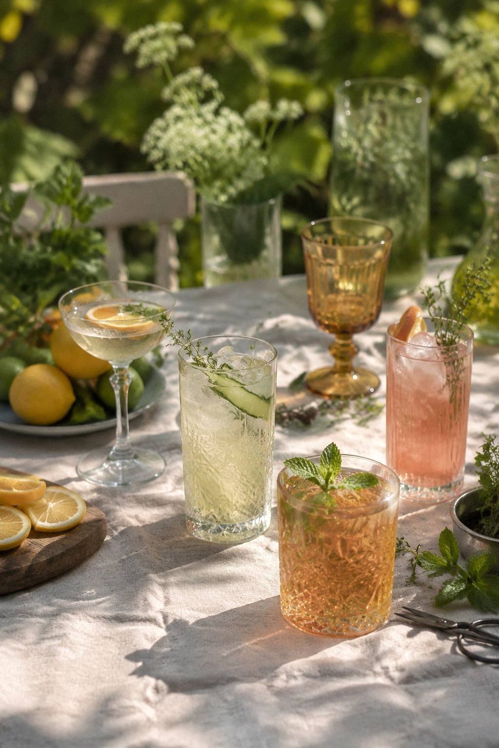 close up of thrifted pressed glass tumblers with mocktails citrus wheels mint sprigs and small bubbles on an outdoor drink table