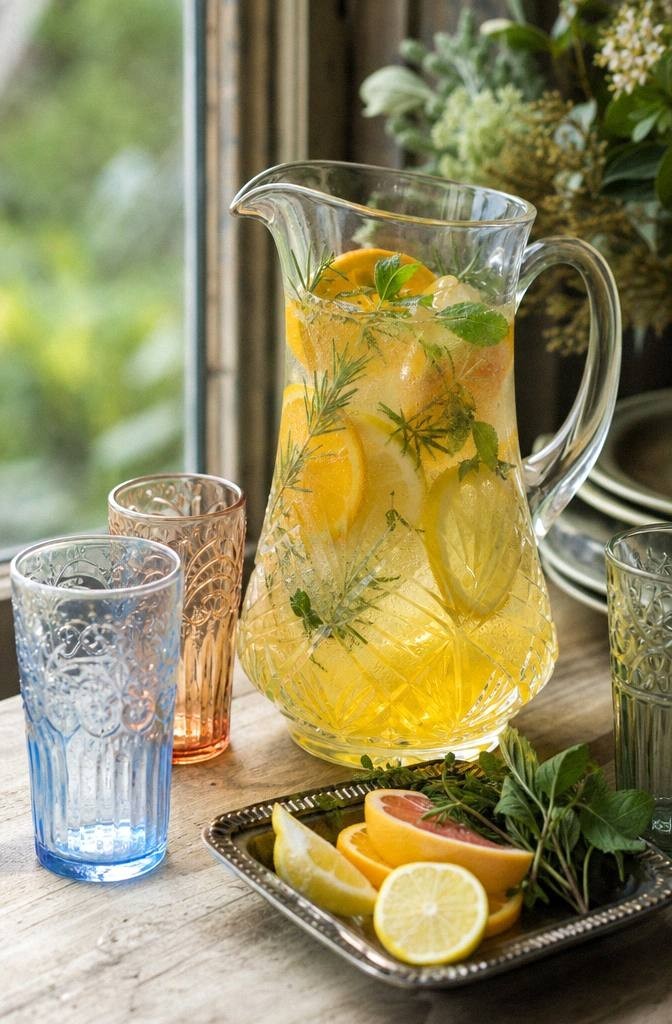 vintage glass pitcher filled with a citrus herb batch mocktail beside vintage glasses and a small garnish tray