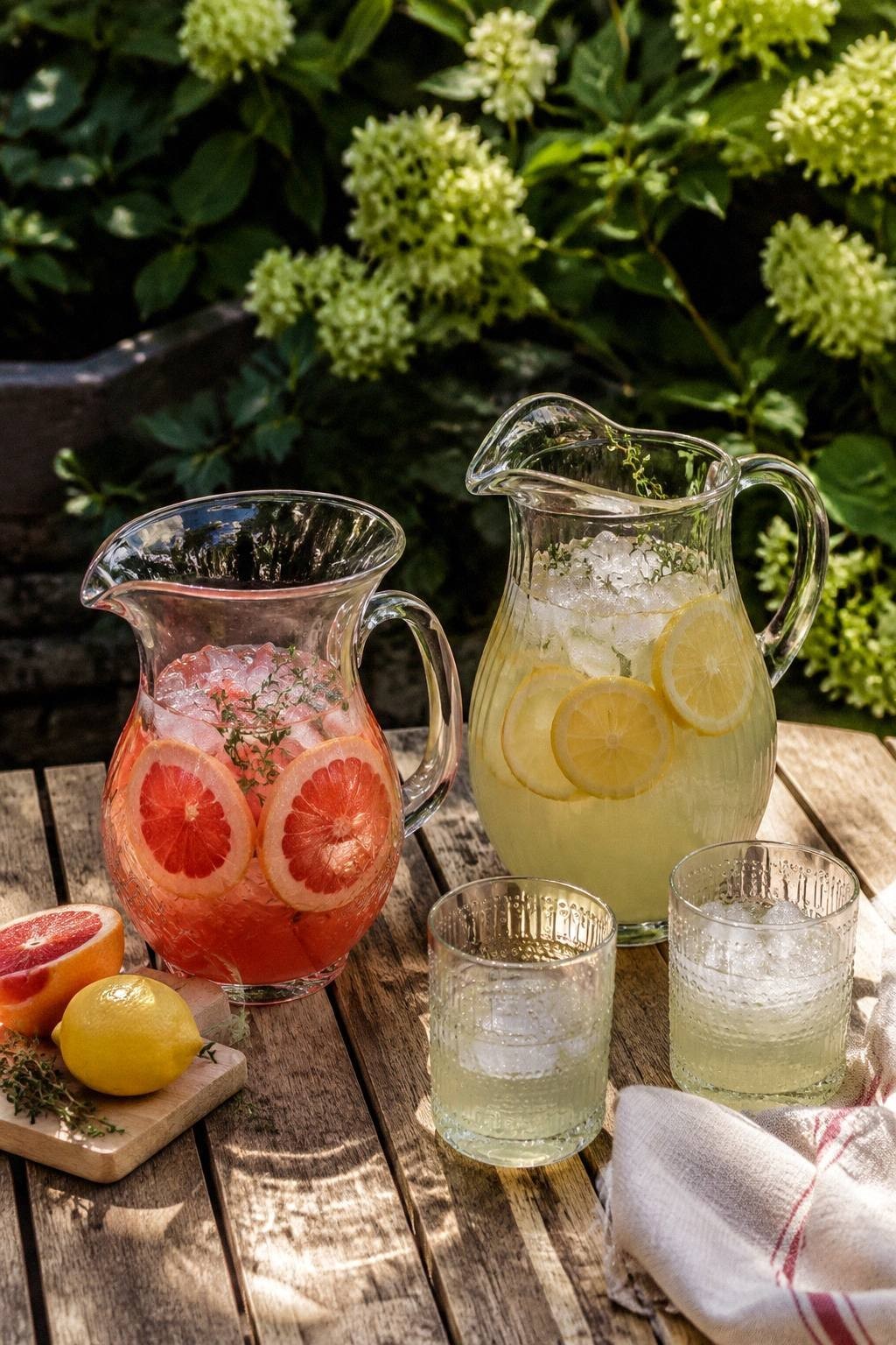two vintage pitchers on an outdoor drink table with citrus herbs ice glasses and a linen towel