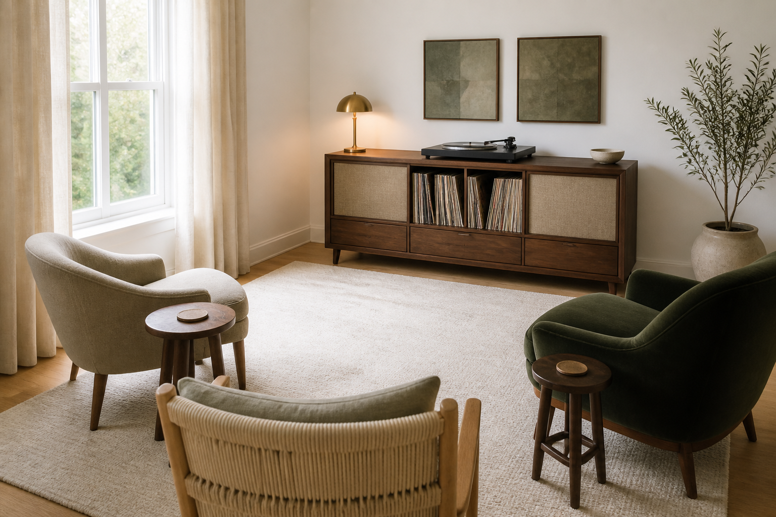 Comfortable chairs arranged in a loose arc around a walnut turntable console with coasters on separate side tables