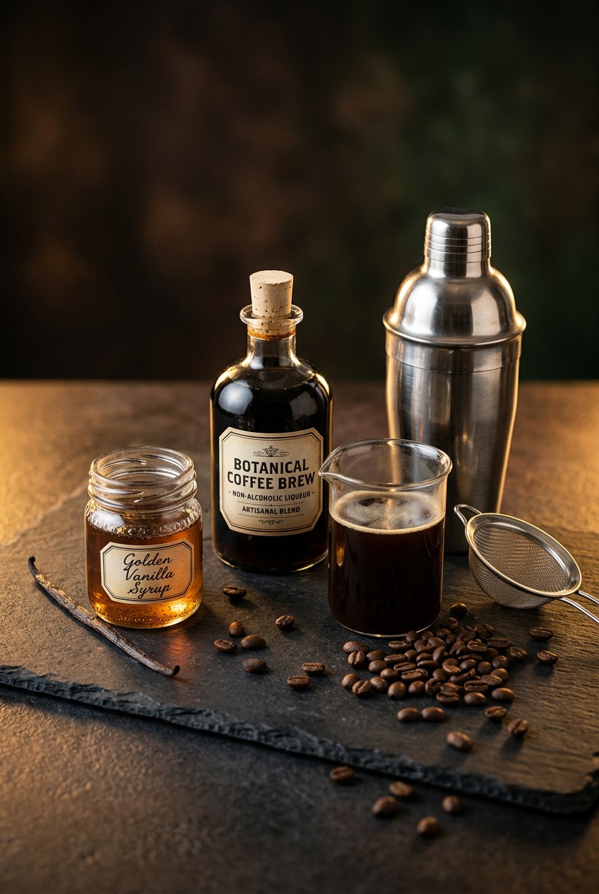 Cold brew coffee, non-alcoholic coffee liqueur, vanilla syrup, and espresso beans arranged on dark slate for a virgin espresso martini