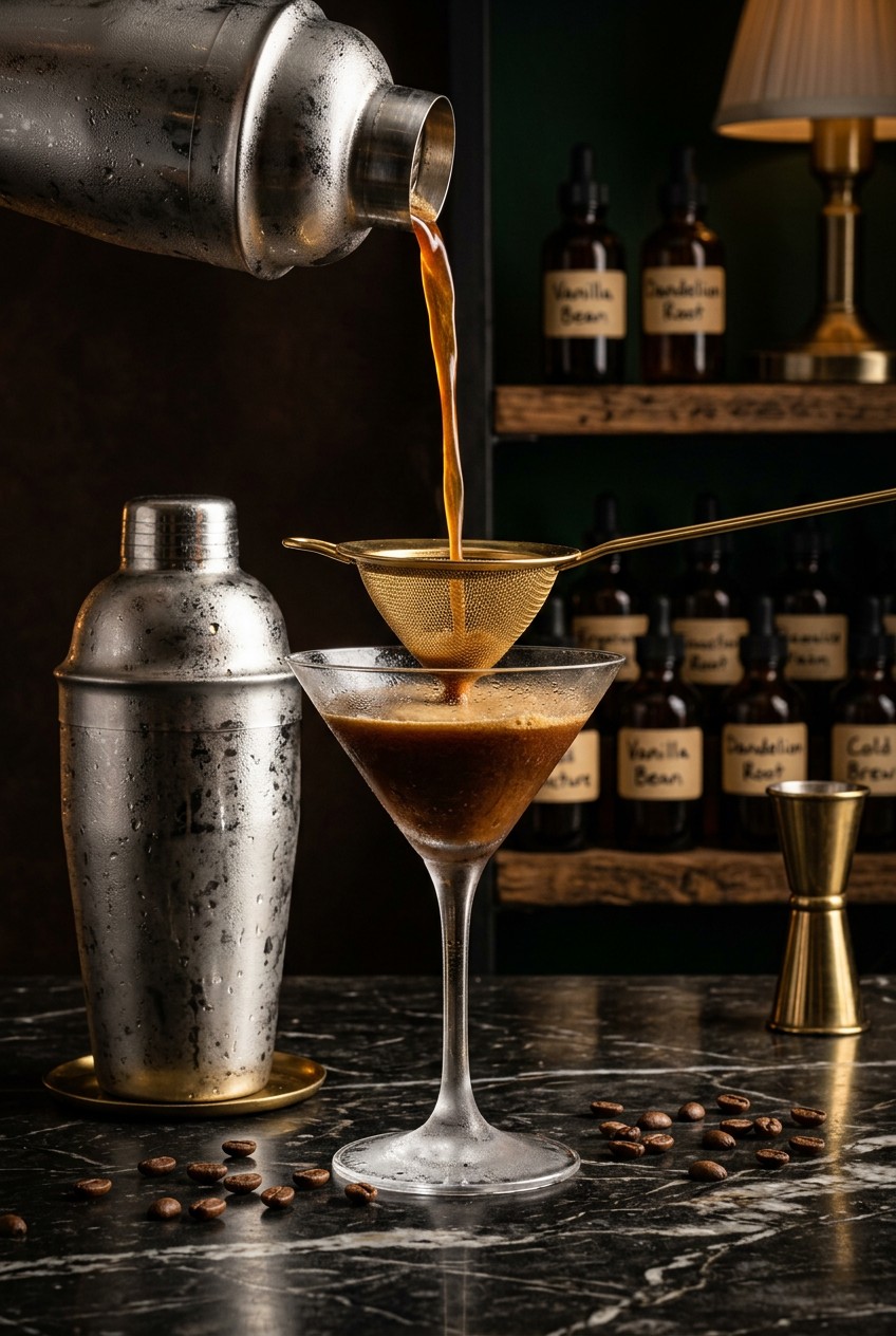 Rich espresso liquid being double-strained from a frosty shaker into a chilled martini glass