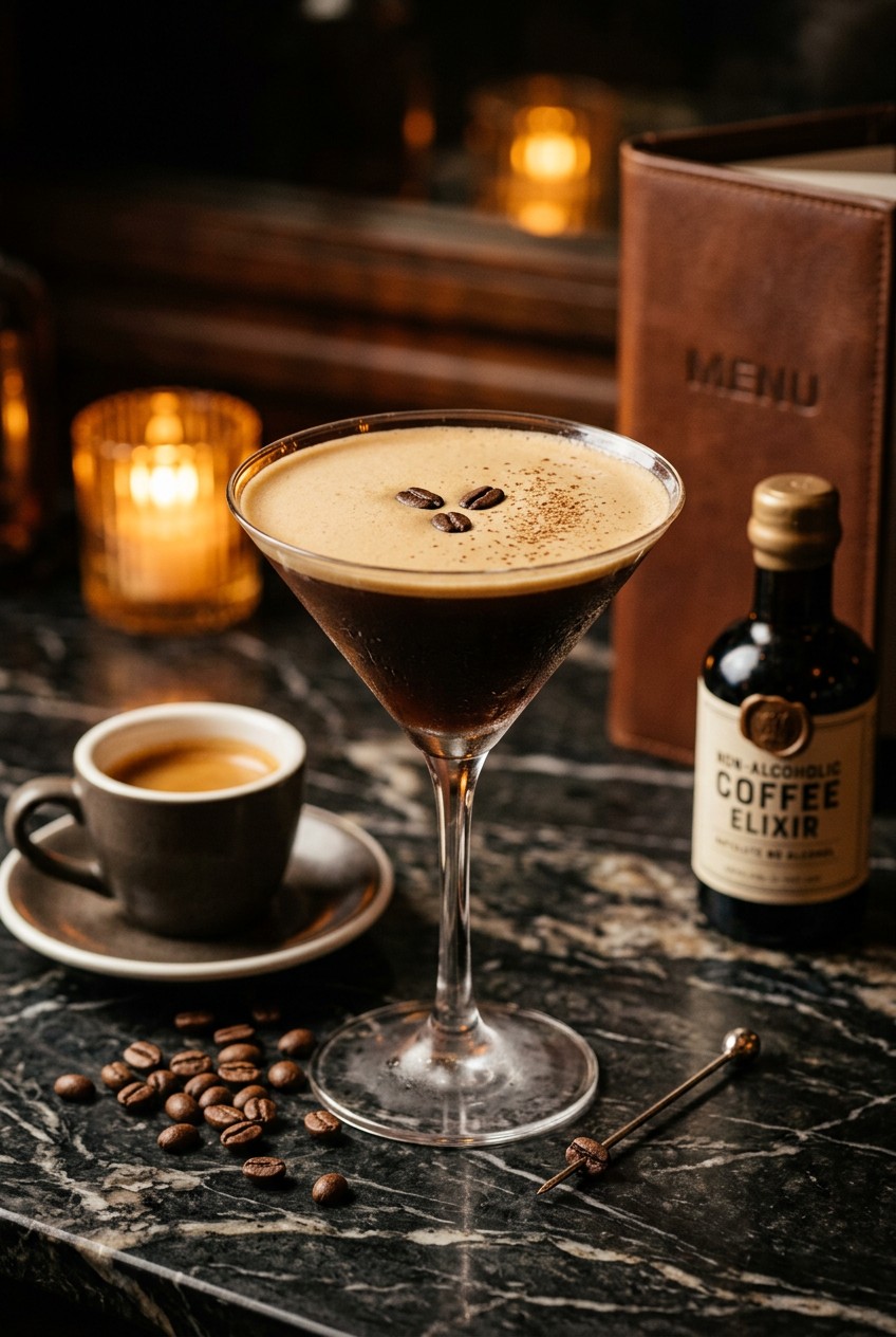 Finished virgin espresso martini with crema foam and three espresso beans in a chilled martini glass