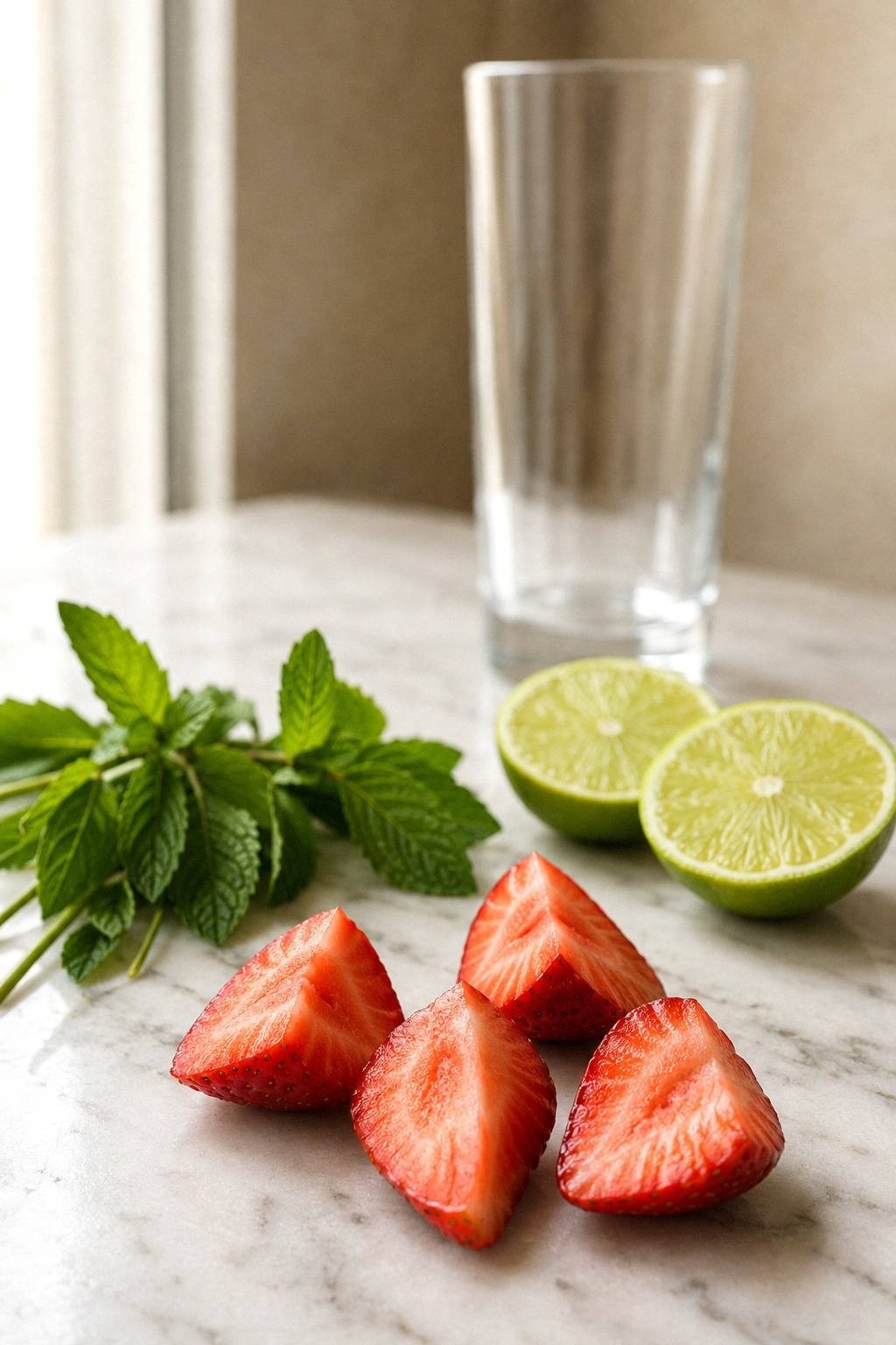 Fresh strawberries hulled and quartered, mint sprigs, and lime halves on light marble surface beside a tall clear glass for virgin strawberry mojito mocktail