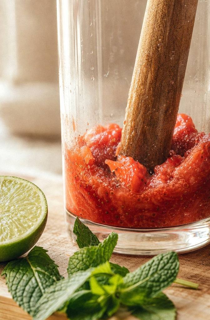 Muddling fresh strawberries with lime juice in a tall glass with whole mint leaves nearby ready to build a strawberry mojito mocktail step by step