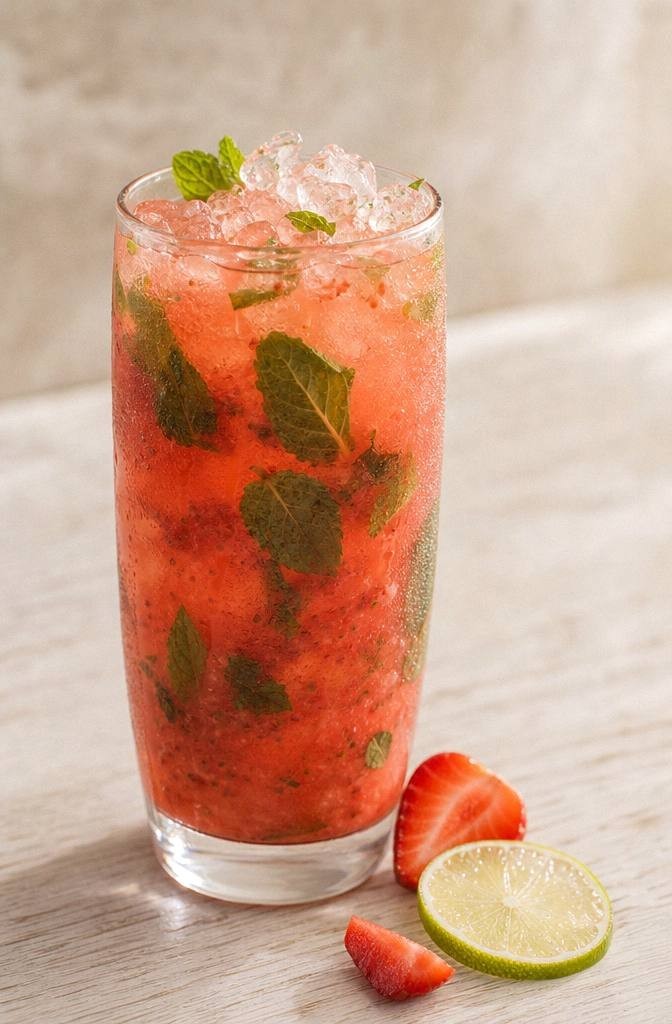 Finished Virgin Strawberry Mojito mocktail in a tall glass with crushed ice strawberry slice mint sprig and lime wheel garnish on light wood surface in bright daylight