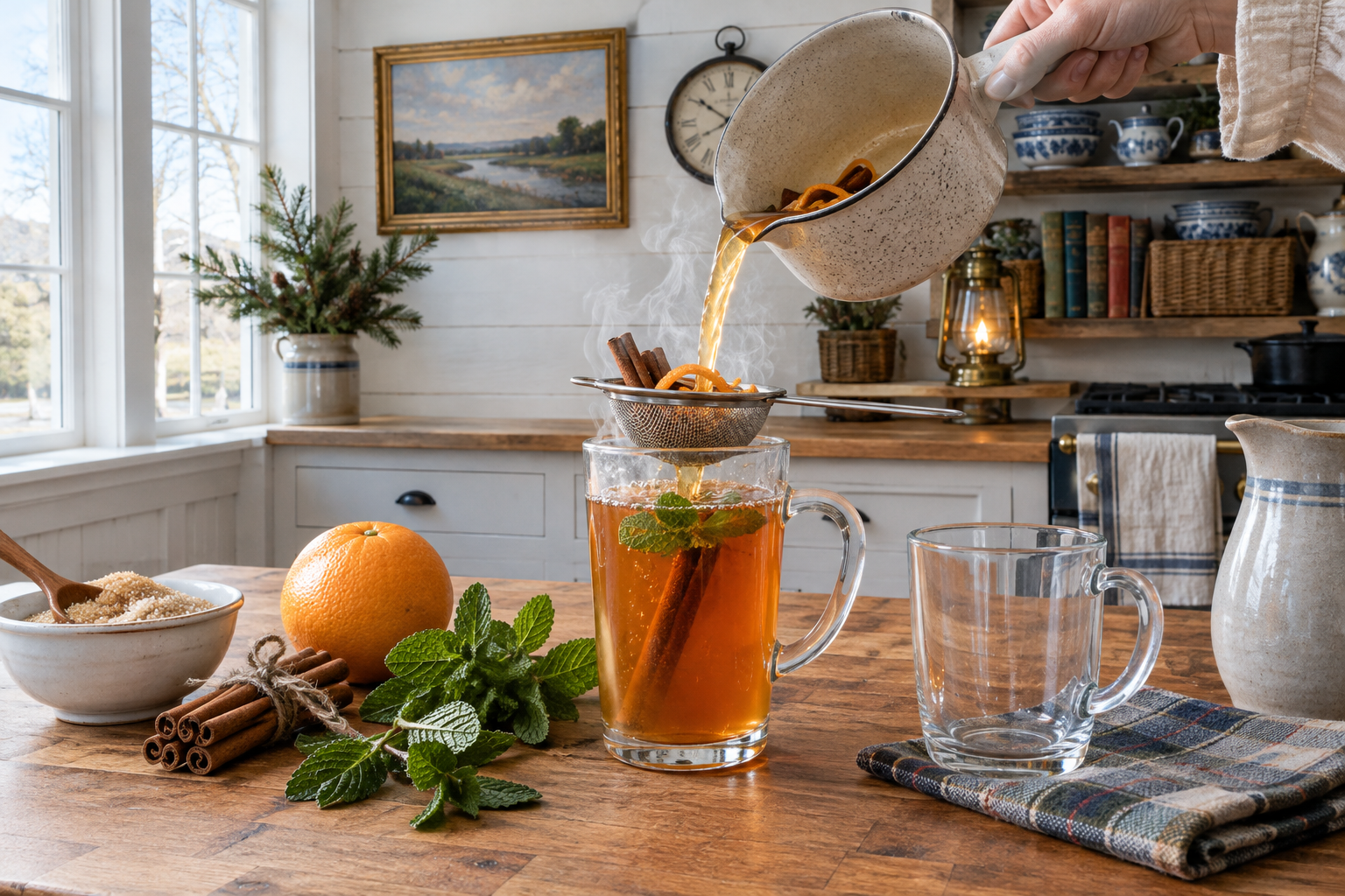 pouring hot cinnamon orange tea into a clear glass
