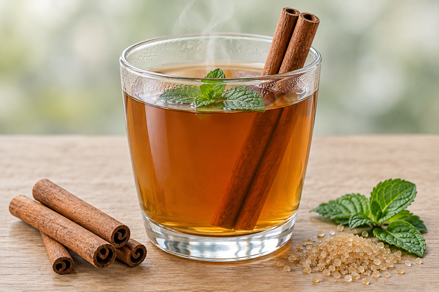 glass of warm cinnamon orange tea with cinnamon stick and orange peel garnish