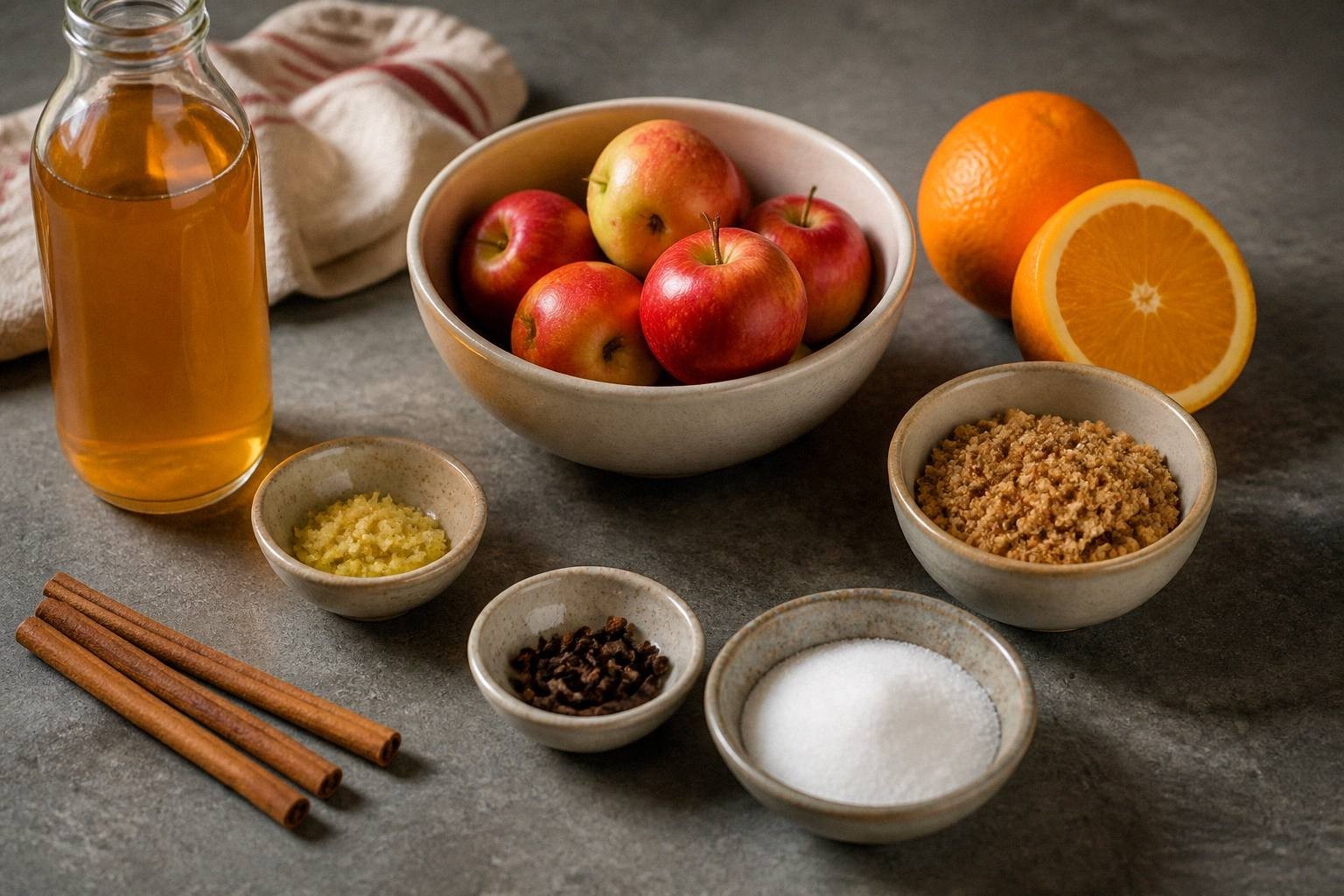 ingredients for wassail laid out including small apples, brown sugar, orange, cloves, caster sugar, and bottles of cider