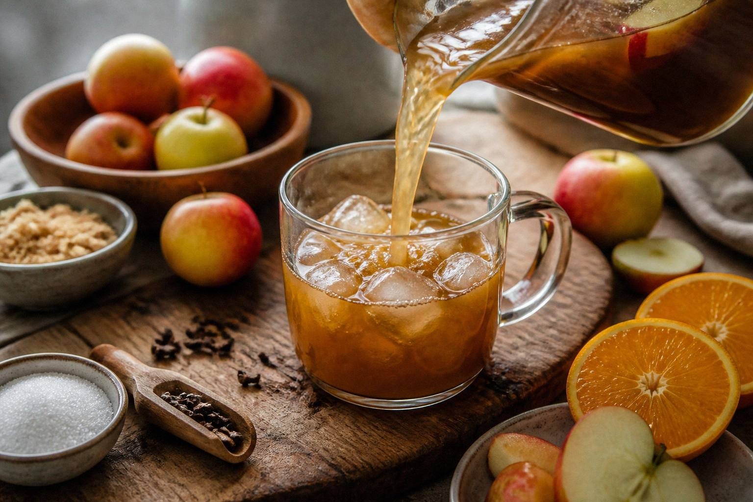 wassail being poured into a mug, showing the caramel-colored spiced cider mixture in motion