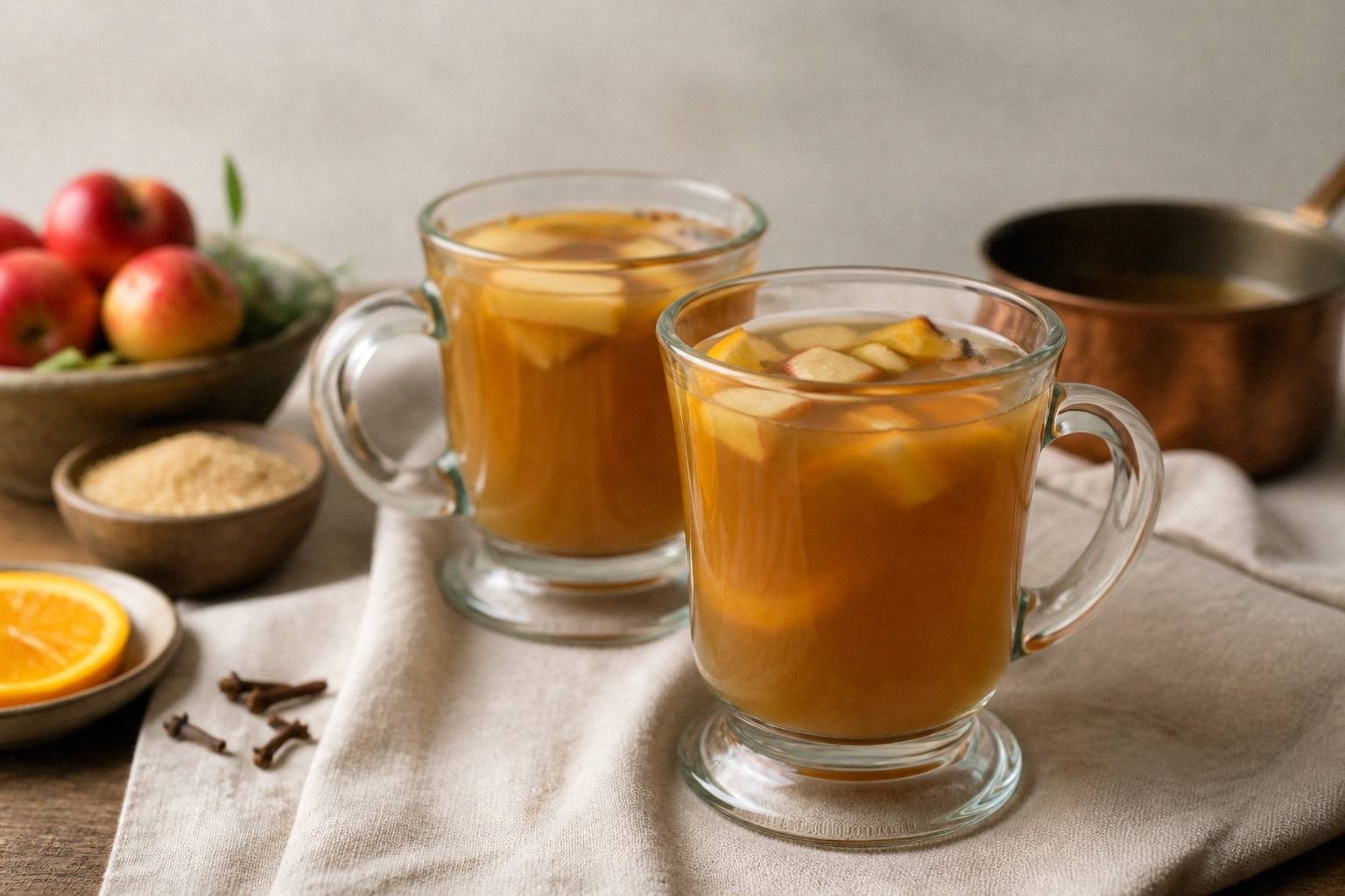 two mugs of finished wassail styled on a table with roasted apples floating on top