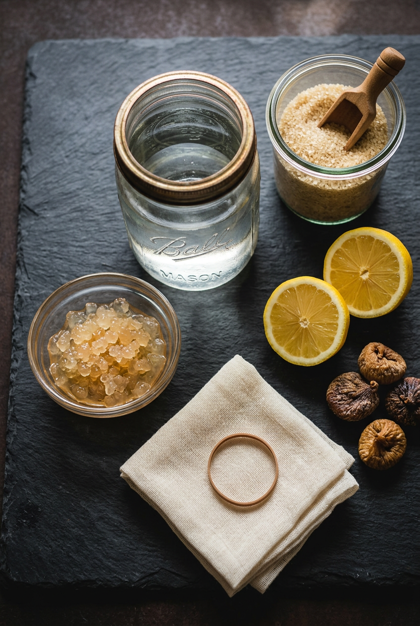 Translucent water kefir grains in a glass bowl surrounded by lemon slices, dried figs, cane sugar, and mason jars on dark slate