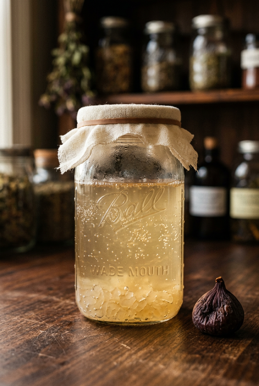 Quart mason jar of water kefir in first fermentation, pale golden liquid, covered with cheesecloth on dark wooden surface