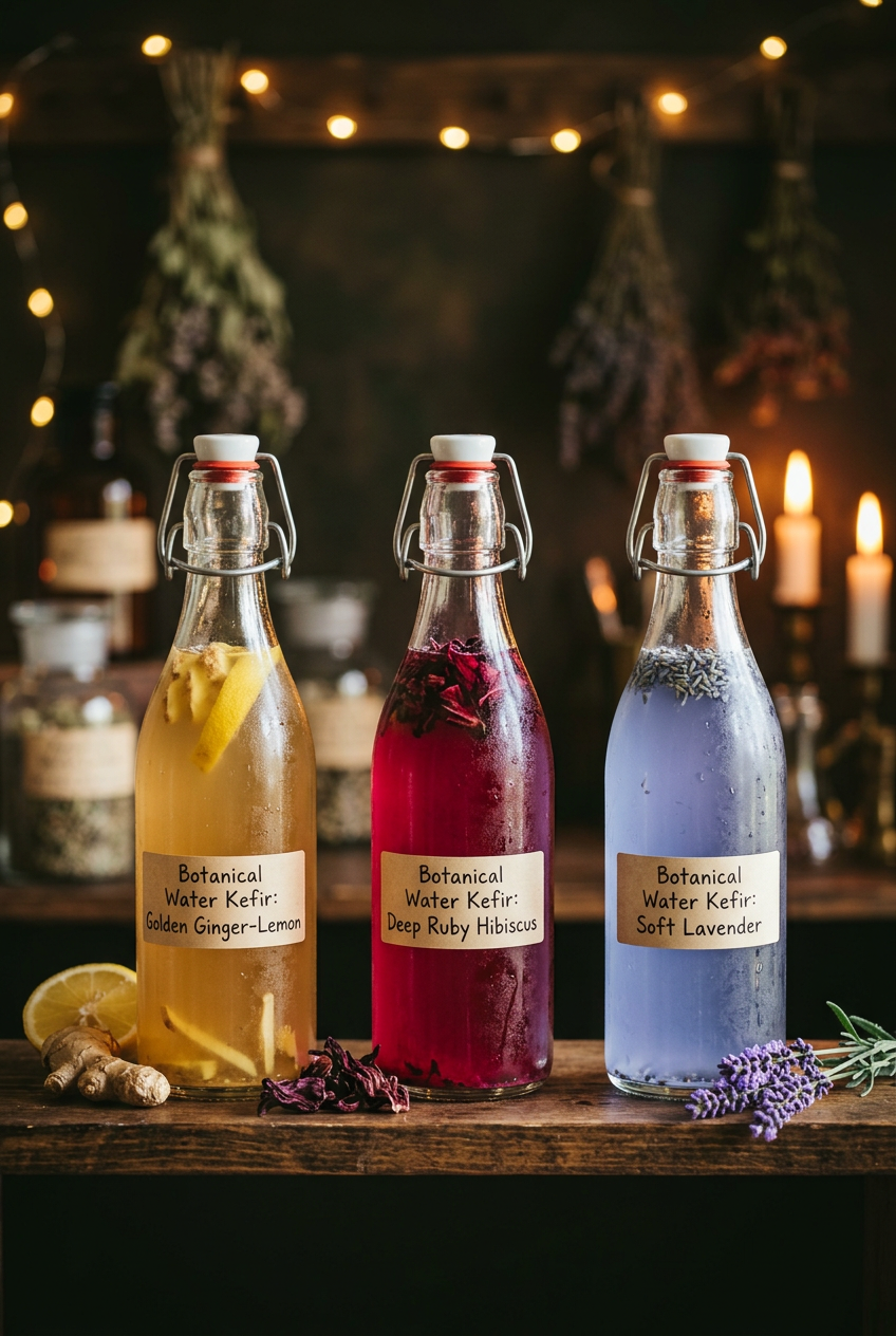 Row of swing-top glass bottles filled with botanical water kefir in golden, ruby, and lavender tones on a dark wooden shelf