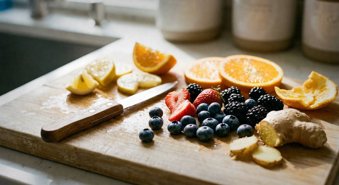 Row of swing-top glass bottles filled with colorful water kefir in shades of pink, gold, and purple on a light oak surface