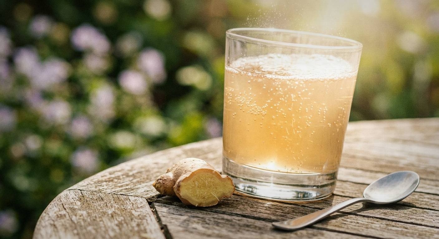 Tall glass of deep purple grape rosemary water kefir with a sprig of rosemary on the table beside the glass on a dark walnut surface