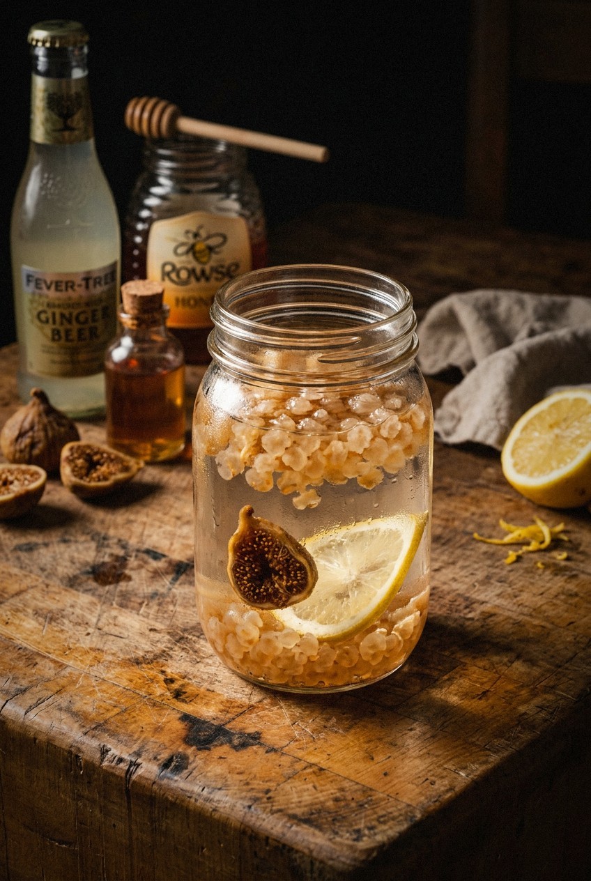 Water kefir grains in glass jar with filtered water, organic cane sugar, dried fig, and lemon slice on white marble countertop with spring light